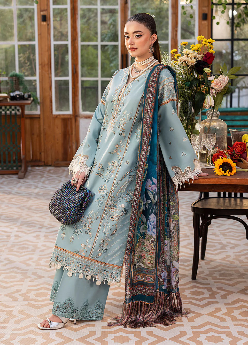 SAPPHIRE-3PC LAWN EMBROIDERED SHIRT WITH CHIFFON PRINTED DUPATTA AND TROUSER | KF-4694