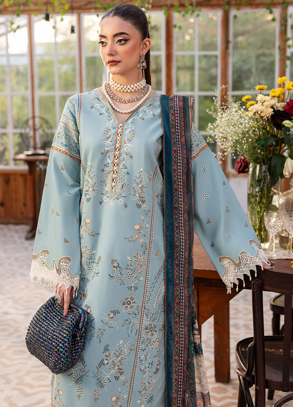 SAPPHIRE-3PC LAWN EMBROIDERED SHIRT WITH CHIFFON PRINTED DUPATTA AND TROUSER | KF-4694