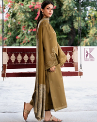 IZEL-3PC DHANAK EMBROIDERED SHIRT WITH COURTRAI PRINTED SHAWL & TROUSER | KF-4376