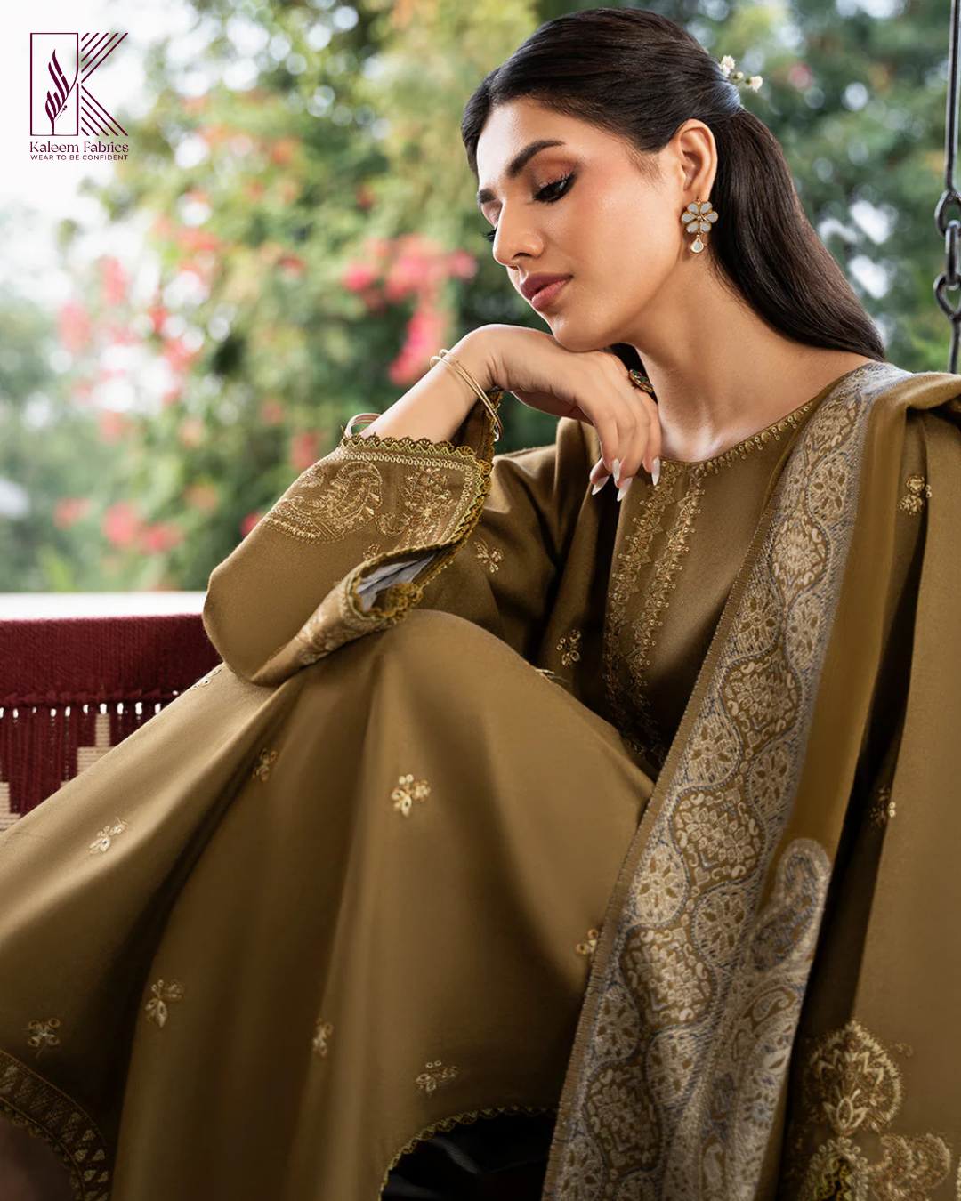 IZEL-3PC DHANAK EMBROIDERED SHIRT WITH COURTRAI PRINTED SHAWL & TROUSER | KF-4376