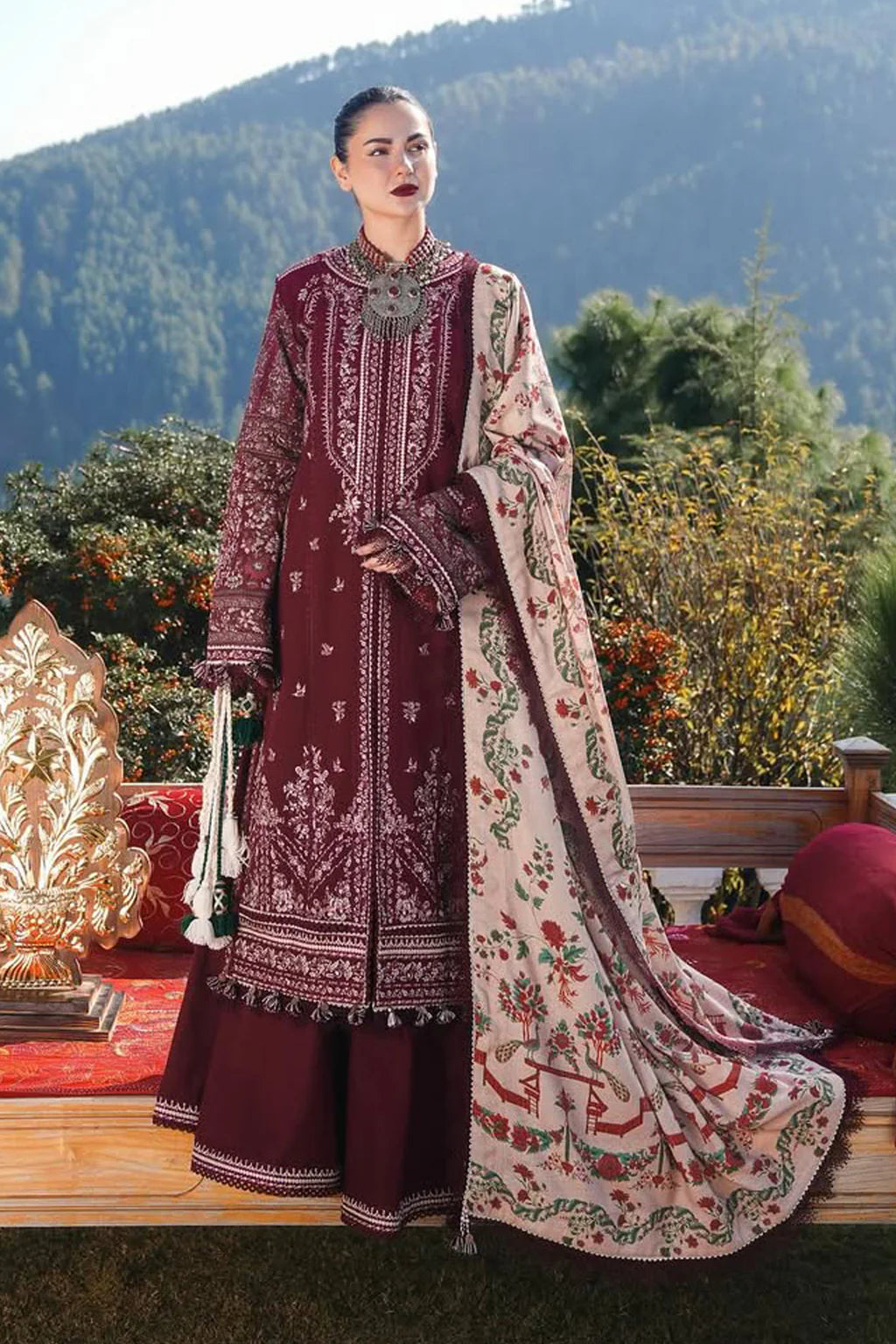 HUSSAIN REHAR - 3PC DHANAK EMBROIDERED SHIRT WITH COURTRAI PRINTED SHAWL AND TROUSER | KF-4273