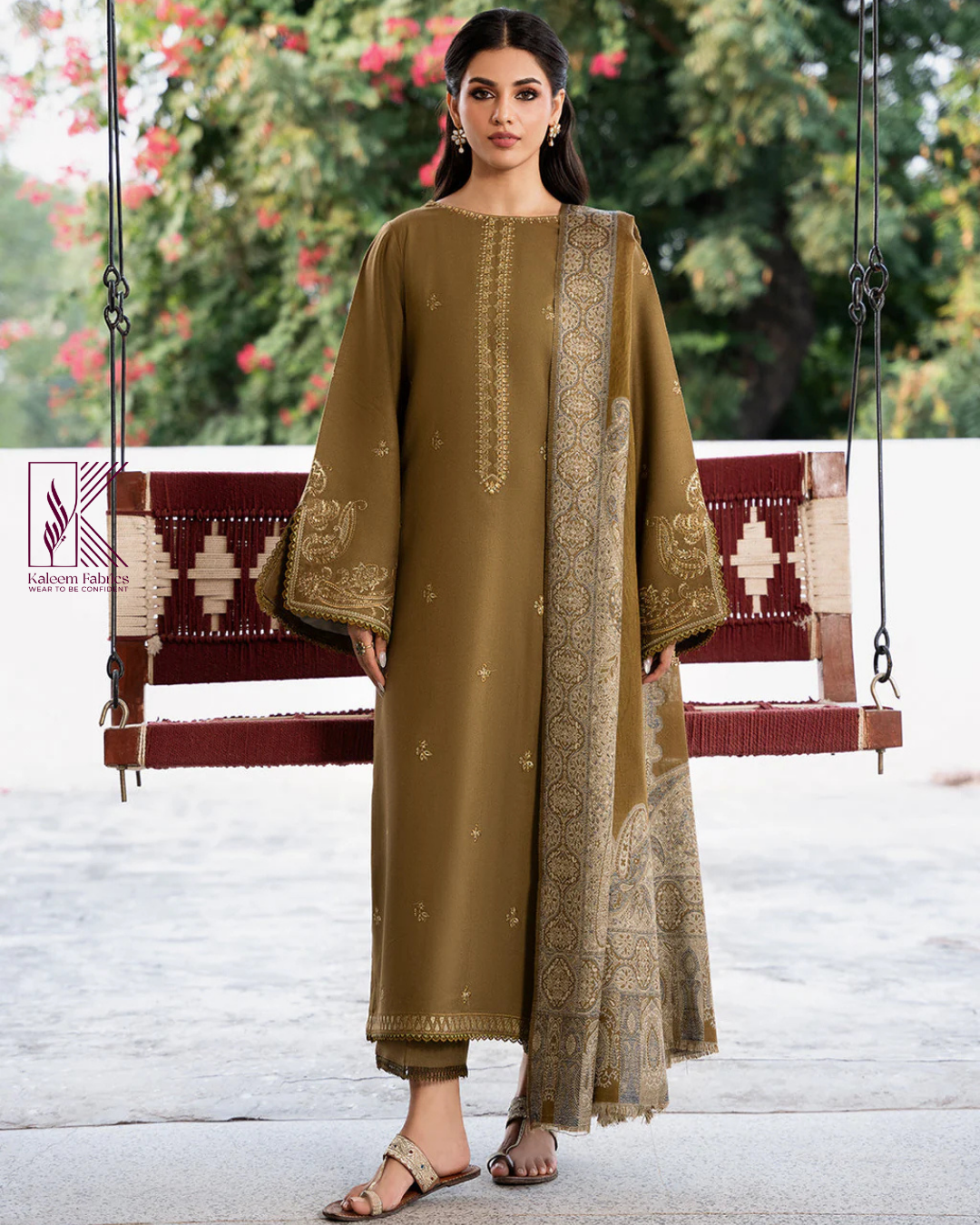 IZEL-3PC DHANAK EMBROIDERED SHIRT WITH COURTRAI PRINTED SHAWL & TROUSER | KF-4376