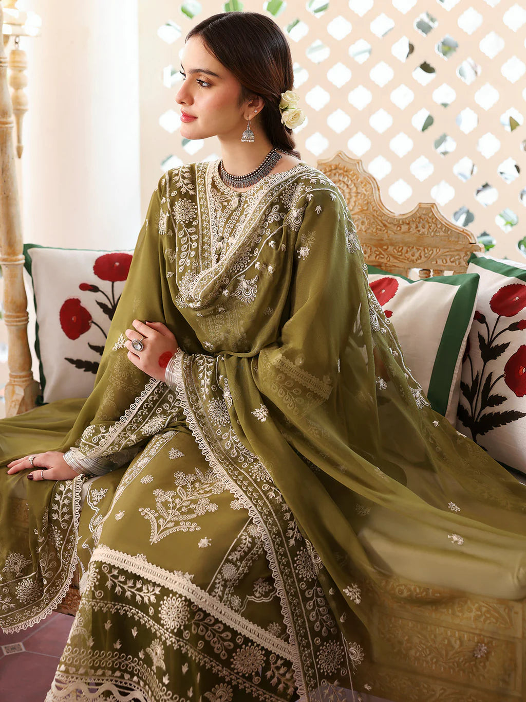 MAHNUR - 3PC LAWN EMBROIDERED SHIRT WITH LAWN EMBROIDERED DUPATTA & TROUSER | KF-4522