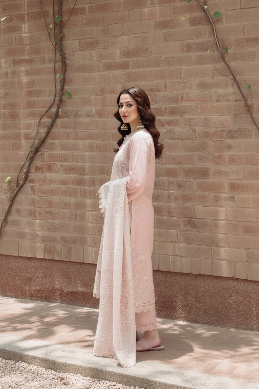 JAZMIN - 3PC LAWN CHIKANKARI EMBROIDERED SHIRT WITH KHADDI NET EMB DUPATTA AND TROUSER | KF-4552