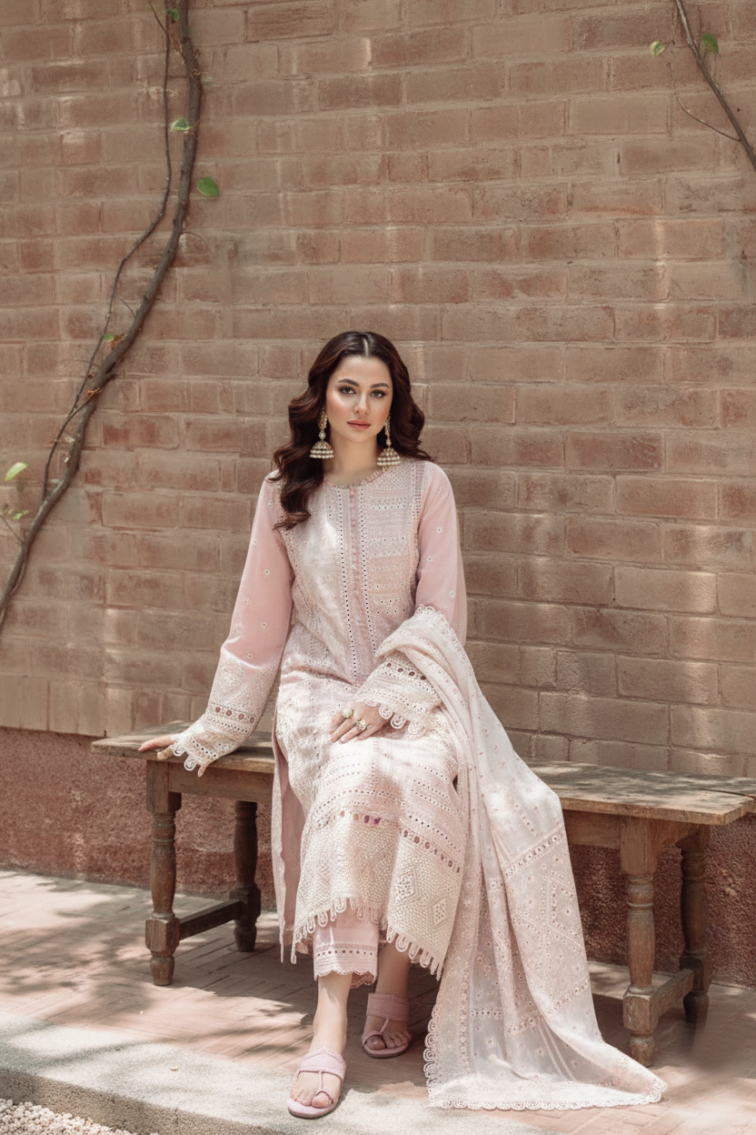 JAZMIN - 3PC LAWN CHIKANKARI EMBROIDERED SHIRT WITH KHADDI NET EMB DUPATTA AND TROUSER | KF-4552