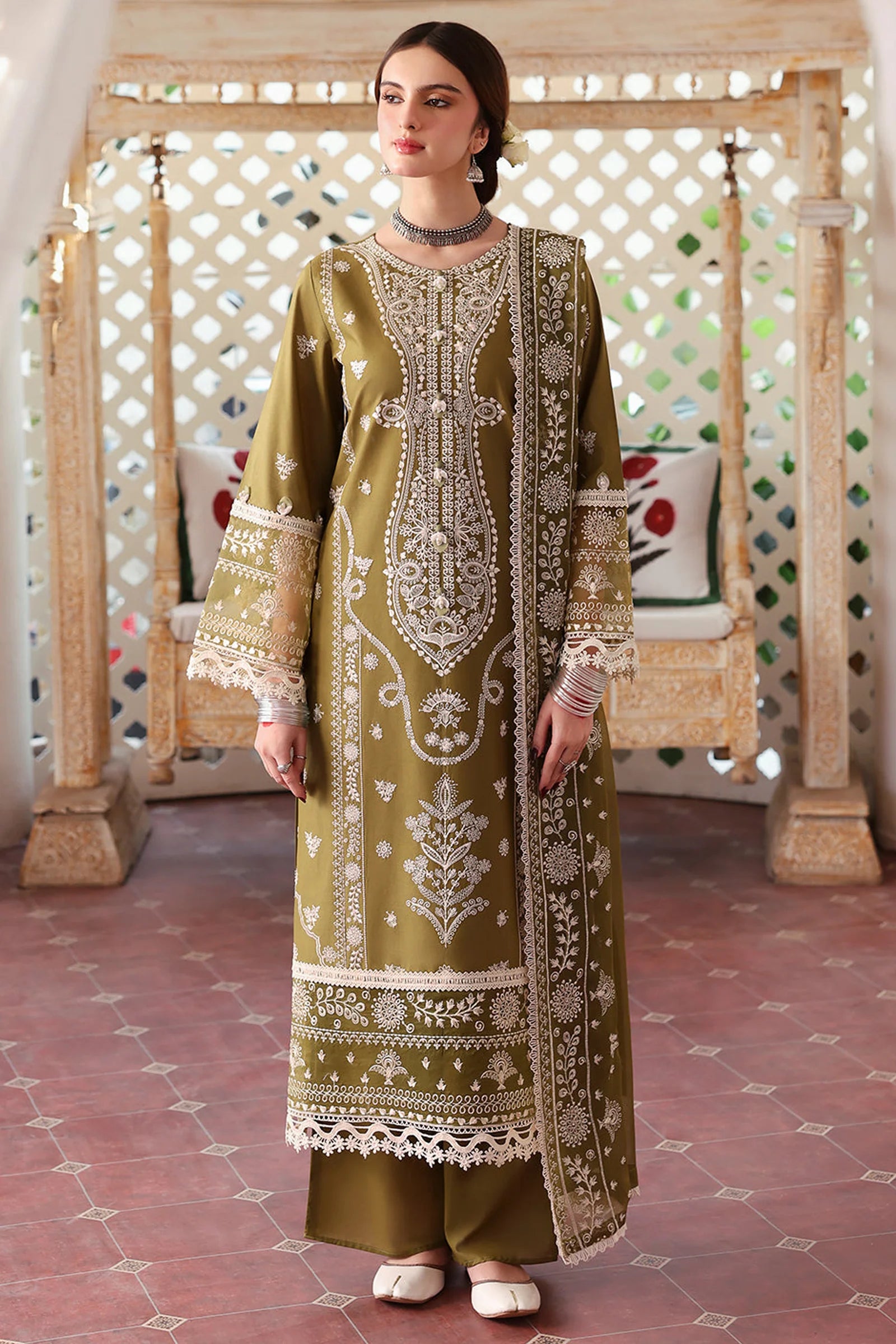MAHNUR - 3PC LAWN EMBROIDERED SHIRT WITH LAWN EMBROIDERED DUPATTA & TROUSER | KF-4522