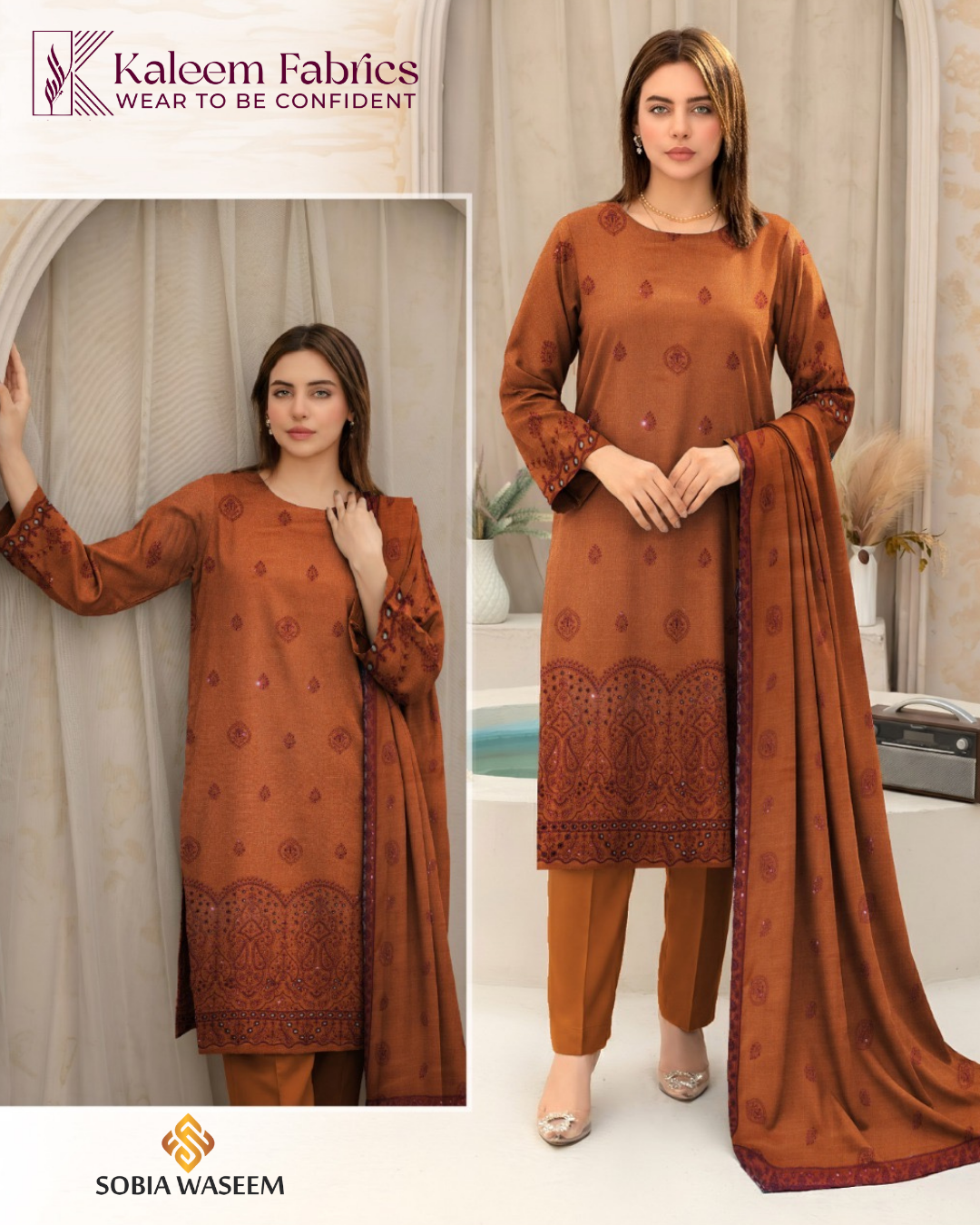 SUROOR – LUXURY SWEET PEACH SLUB FABRIC EMBROIDERED SUIT | KF-V2425