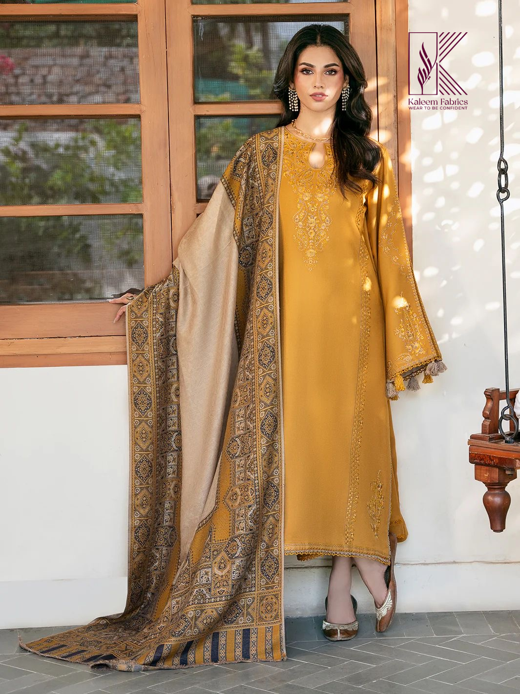 IZEL-3PC DHANAK EMBROIDERED SHIRT WITH COURTRAI PRINTED SHAWL & TROUSER | KF-4372