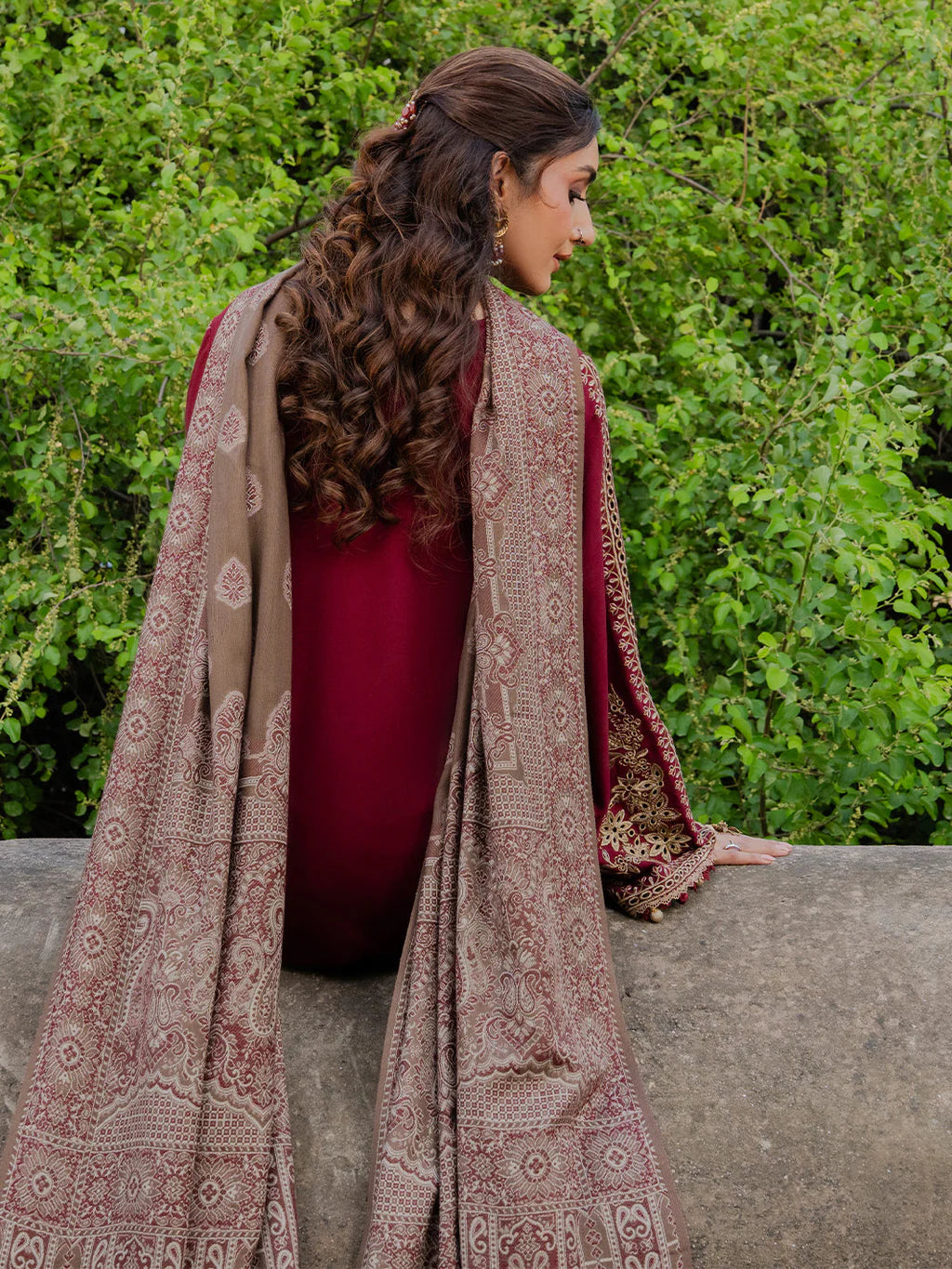 IZEL-3PC DHANAK EMBROIDERED SHIRT WITH COURTRAI PRINTED SHAWL & TROUSER | KF-4363