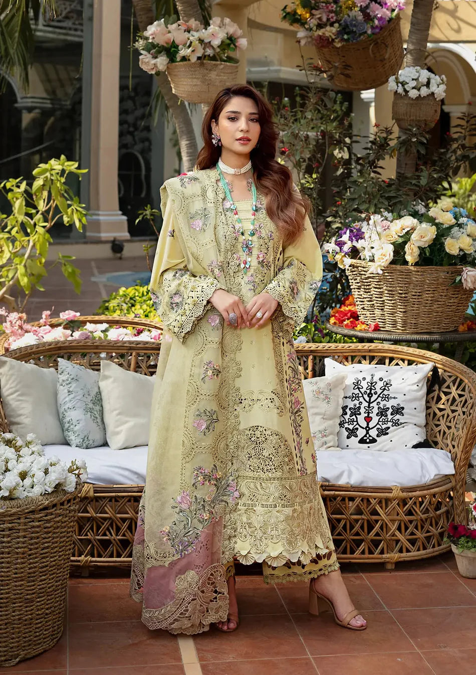 ELAF-3PC LAWN CHIKANKARI EMBROIDERED SHIRT WITH KHAADI NET EMB DUPATTA AND EMB TROUSER | KF-4601