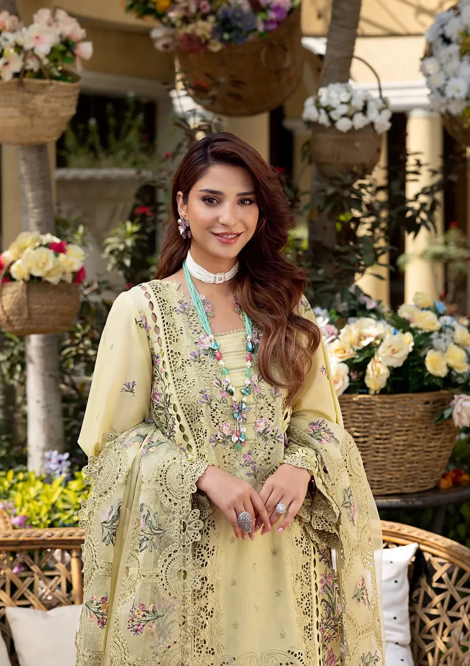 ELAF-3PC LAWN CHIKANKARI EMBROIDERED SHIRT WITH KHAADI NET EMB DUPATTA AND EMB TROUSER | KF-4601