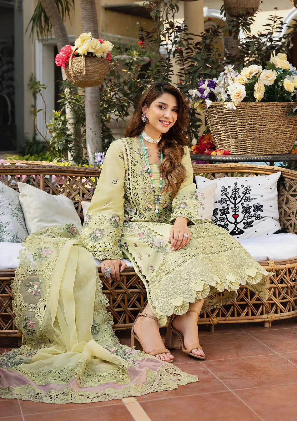 ELAF-3PC LAWN CHIKANKARI EMBROIDERED SHIRT WITH KHAADI NET EMB DUPATTA AND EMB TROUSER | KF-4601