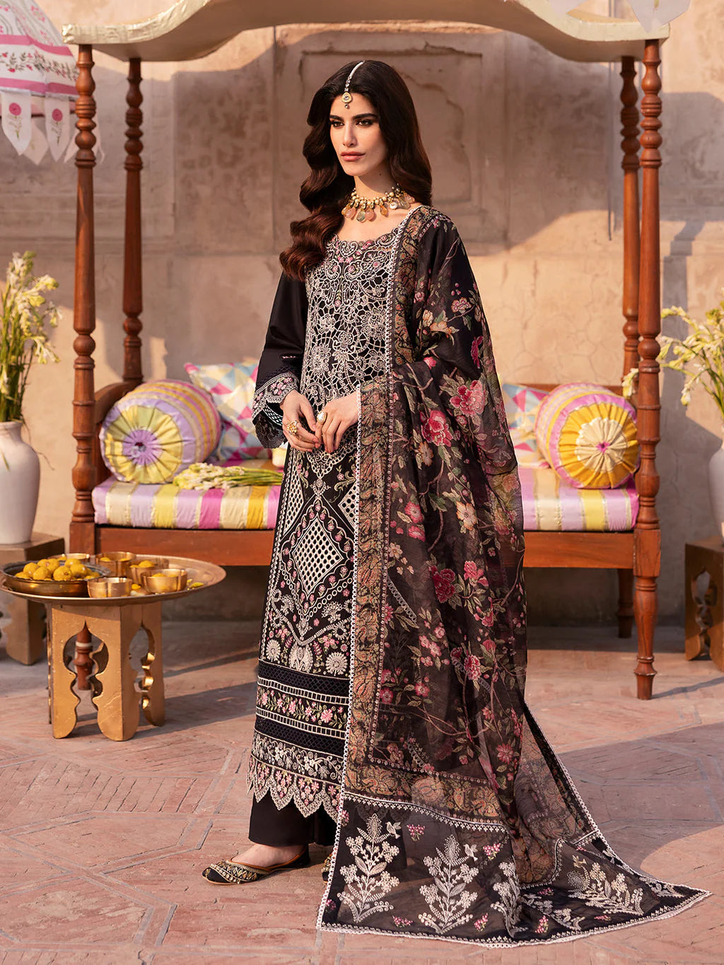 MAHNUR-3PC LAWN LASER WORK EMBROIDERED SHIRT WITH CHIFFON PRINTED EMBROIDERED DUPATTA AND TROUSER | KF-4772