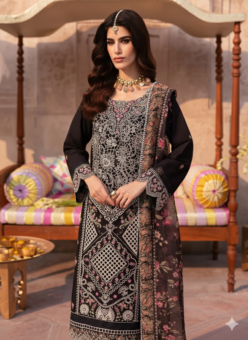 MAHNUR-3PC LAWN LASER WORK EMBROIDERED SHIRT WITH CHIFFON PRINTED EMBROIDERED DUPATTA AND TROUSER | KF-4772