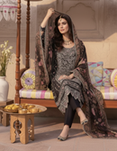 MAHNUR-3PC LAWN LASER WORK EMBROIDERED SHIRT WITH CHIFFON PRINTED EMBROIDERED DUPATTA AND TROUSER | KF-4772