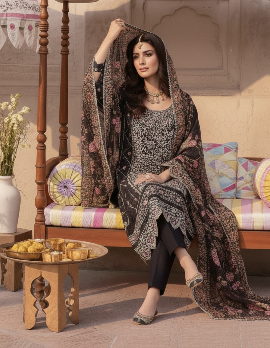 MAHNUR-3PC LAWN LASER WORK EMBROIDERED SHIRT WITH CHIFFON PRINTED EMBROIDERED DUPATTA AND TROUSER | KF-4772