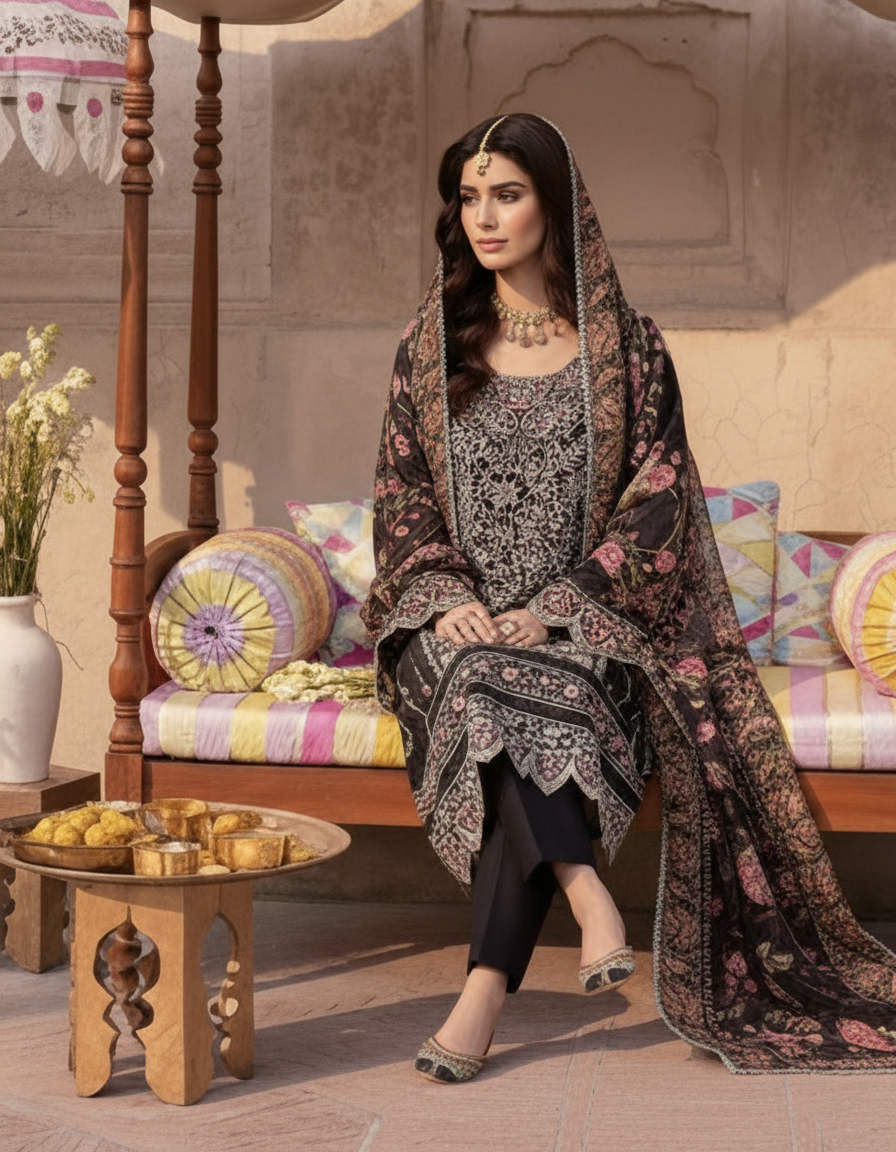 MAHNUR-3PC LAWN LASER WORK EMBROIDERED SHIRT WITH CHIFFON PRINTED EMBROIDERED DUPATTA AND TROUSER | KF-4772