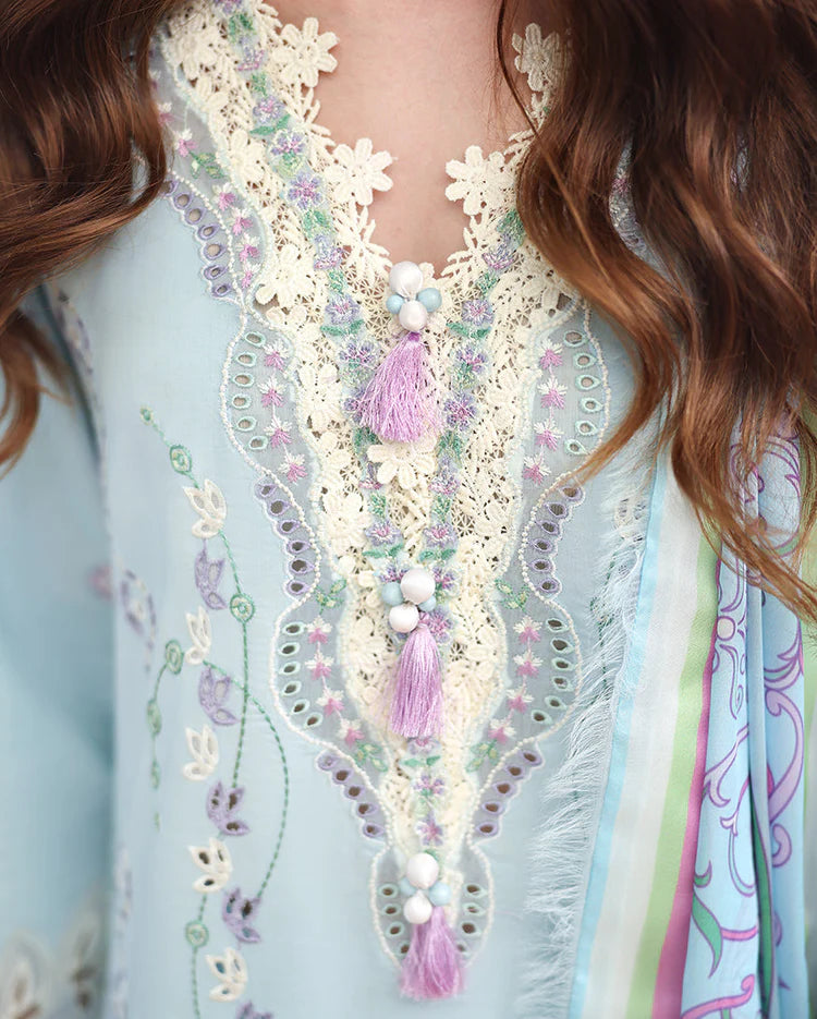 MUSHQ-3PC LAWN CHIKAN EMBROIDERED SHIRT WITH SILK PRINTED DUPATTA AND TROUSER | KF-4905