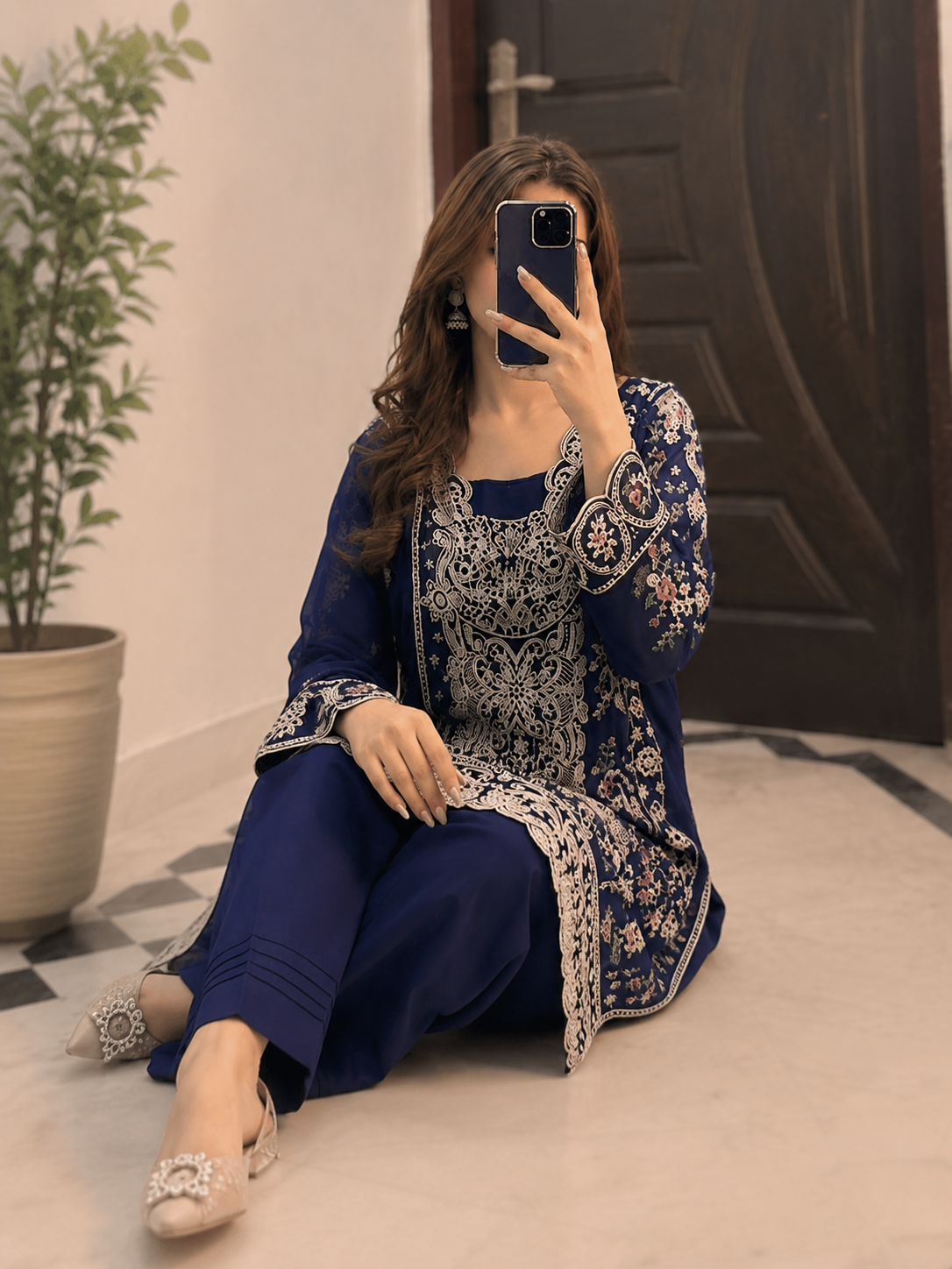 ELAAF-3PC LAWN SEQUIN EMBROIDERED SHIRT WITH BAMBER PURE EMB DUPATTA AND PLAIN TROUSER | KF-111