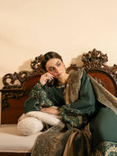 IZEL-3PC DHANAK EMBROIDERED SHIRT WITH COURTRAI WOOL PRINT SHAWL AND TROUSER