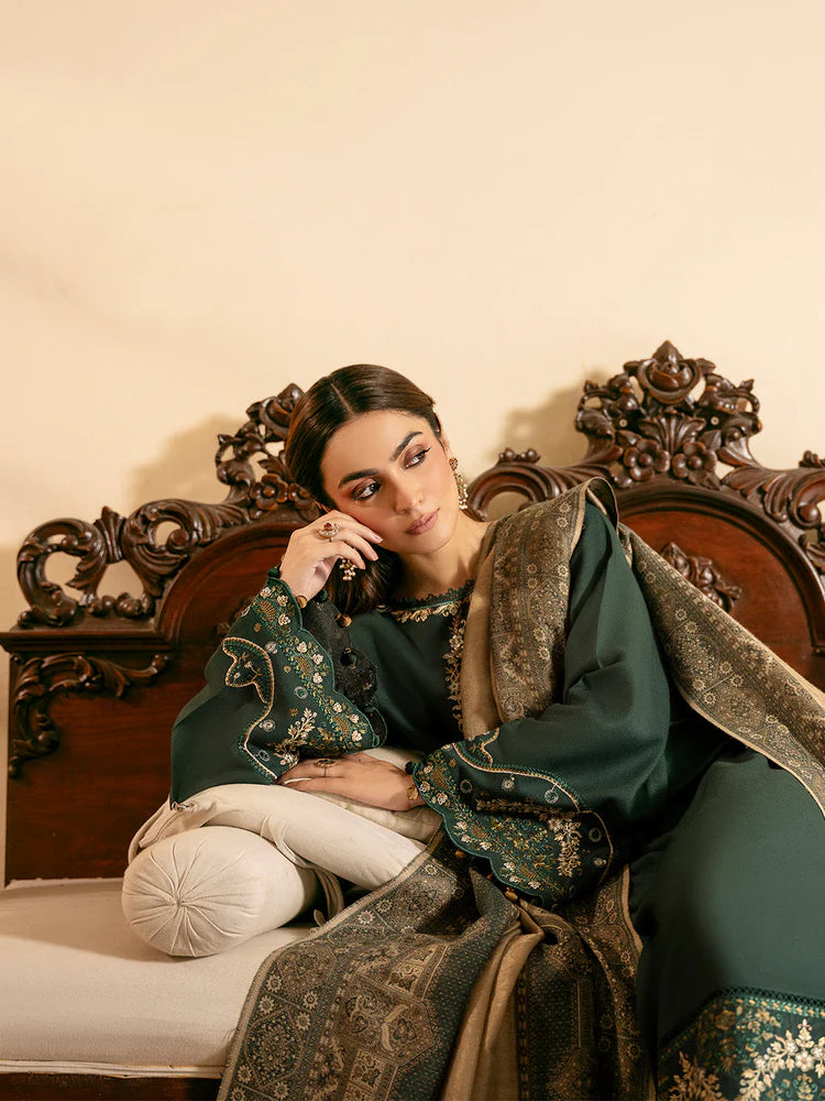 IZEL-3PC DHANAK EMBROIDERED SHIRT WITH COURTRAI WOOL PRINT SHAWL AND TROUSER