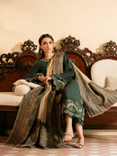 IZEL-3PC DHANAK EMBROIDERED SHIRT WITH COURTRAI WOOL PRINT SHAWL AND TROUSER