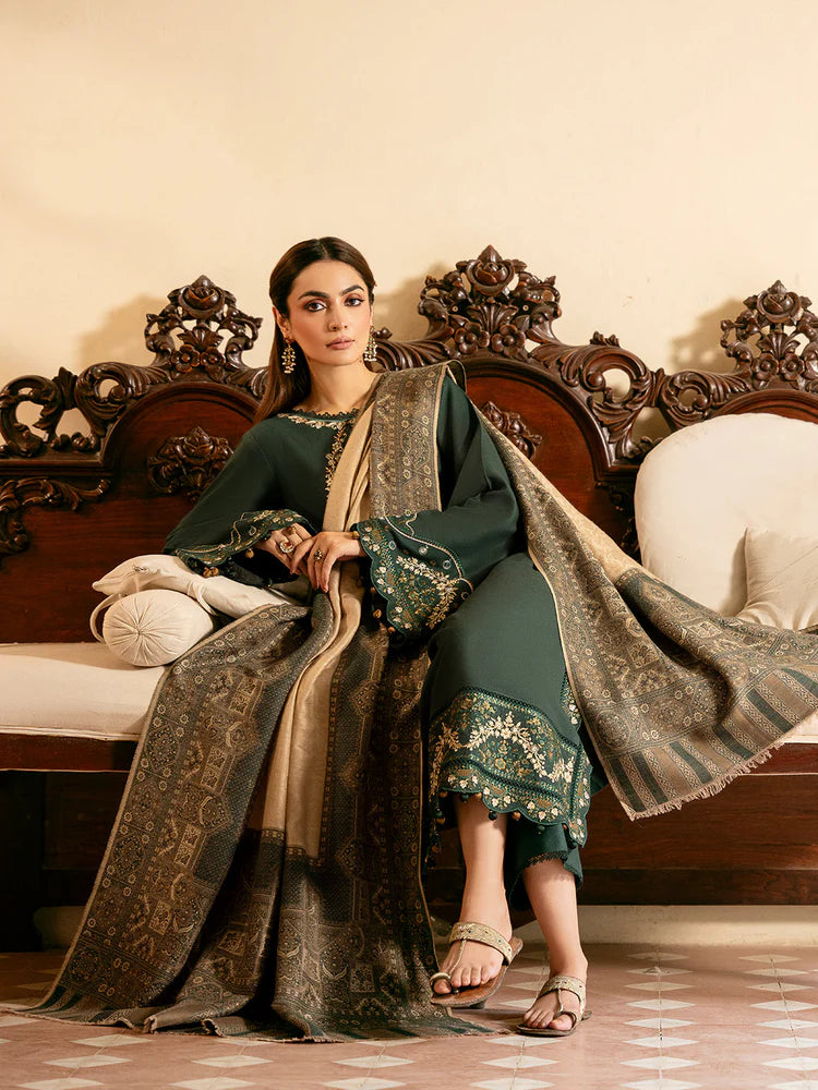 IZEL-3PC DHANAK EMBROIDERED SHIRT WITH COURTRAI WOOL PRINT SHAWL AND TROUSER