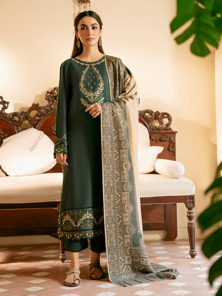 IZEL-3PC DHANAK EMBROIDERED SHIRT WITH COURTRAI WOOL PRINT SHAWL AND TROUSER