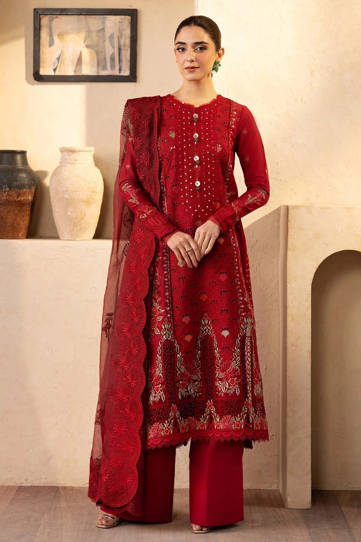 QALAMQAR - 3PC LAWN EMBROIDERED SHIRT WITH KHADDI NET EMBROIDERED DUPATTA AND TROUSER | KF-4709
