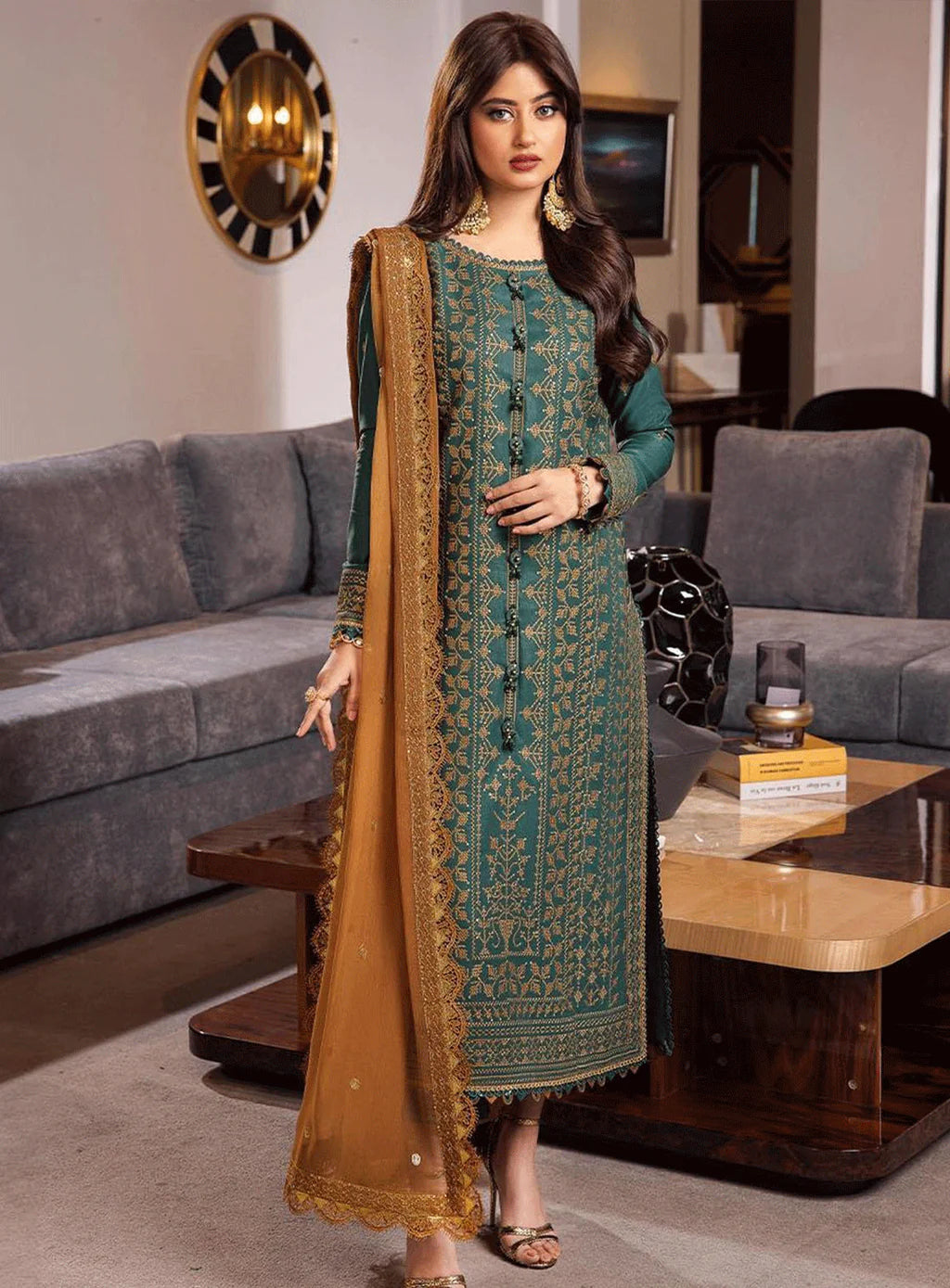ASIM JOFA-3PC LAWN HEAVY EMBROIDERED SHIRT WITH CHIFFON EMBROIDERED DUPATTA AND TROUSER | KF-4547
