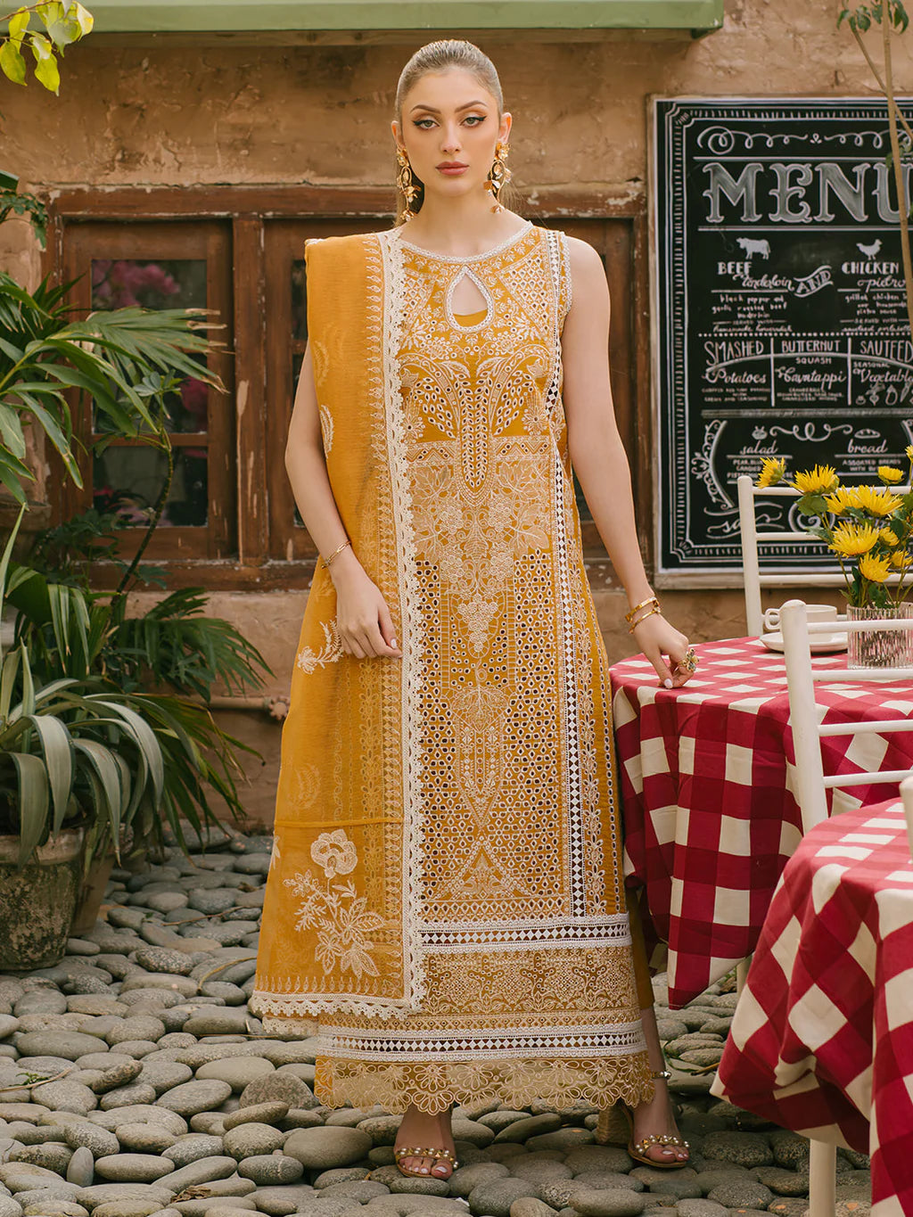 MAHNUR - 3PC LAWN CHIKAANKARI EMBROIDERED SHIRT WITH KHADDI NET EMB DUPATTA AND TROUSER | KF-4704