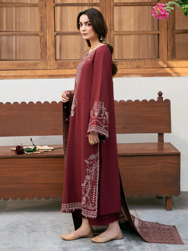 IZEL-3PC DHANAK EMBROIDERED SHIRT WITH COURTRAI PRINTED SHAWL & TROUSER
