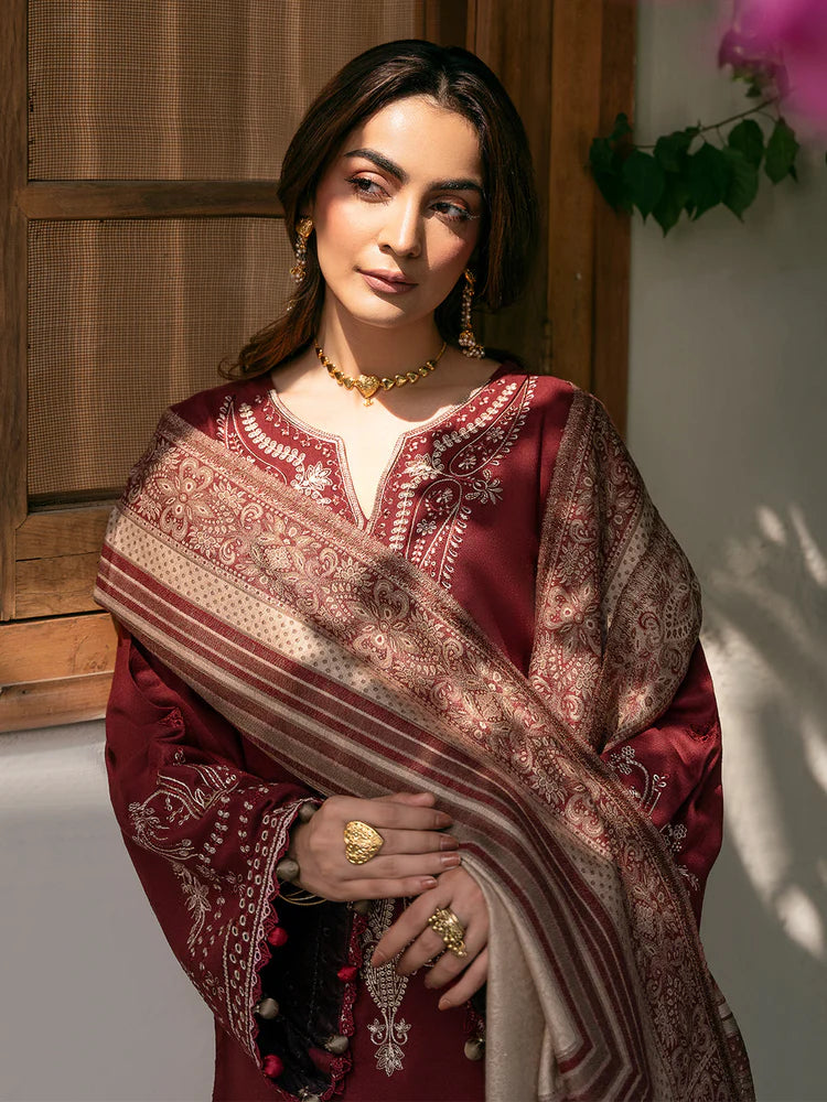IZEL-3PC DHANAK EMBROIDERED SHIRT WITH COURTRAI PRINTED SHAWL & TROUSER