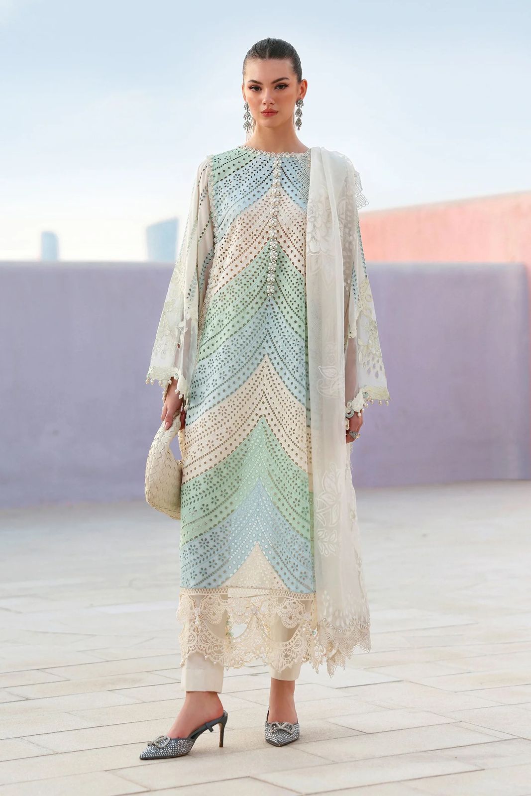 MARIA B-3PC LAWN MULTIPLE SHADES CHIKAN EMBROIDERED SHIRT WITH SELF JACQUARD EMBROIDERED DUPATTA AND EMB TROUSER | KF-4836
