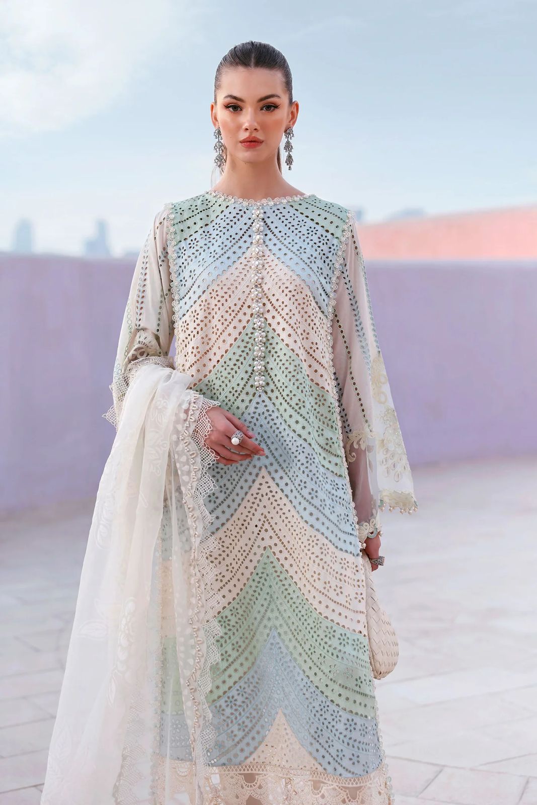 MARIA B-3PC LAWN MULTIPLE SHADES CHIKAN EMBROIDERED SHIRT WITH SELF JACQUARD EMBROIDERED DUPATTA AND EMB TROUSER | KF-4836