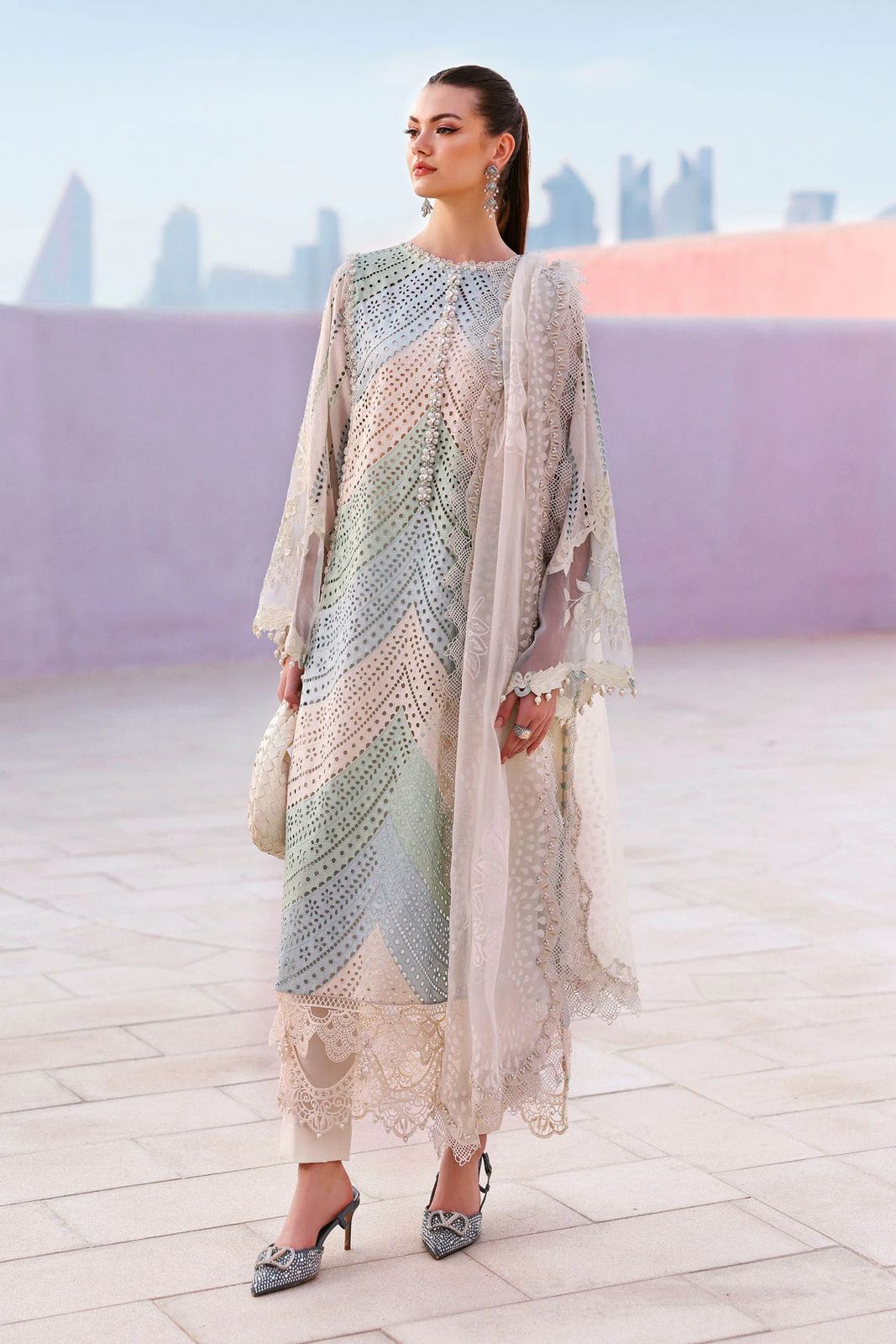 MARIA B-3PC LAWN MULTIPLE SHADES CHIKAN EMBROIDERED SHIRT WITH SELF JACQUARD EMBROIDERED DUPATTA AND EMB TROUSER | KF-4836