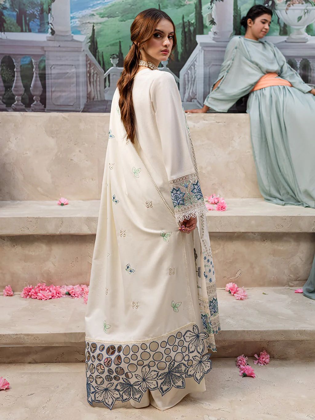 MAHNUR-3PC LAWN LASERCUT EMB SHIRT WITH LAWN LASERCUT EMB DUPATTA & TROUSER | KF-4525