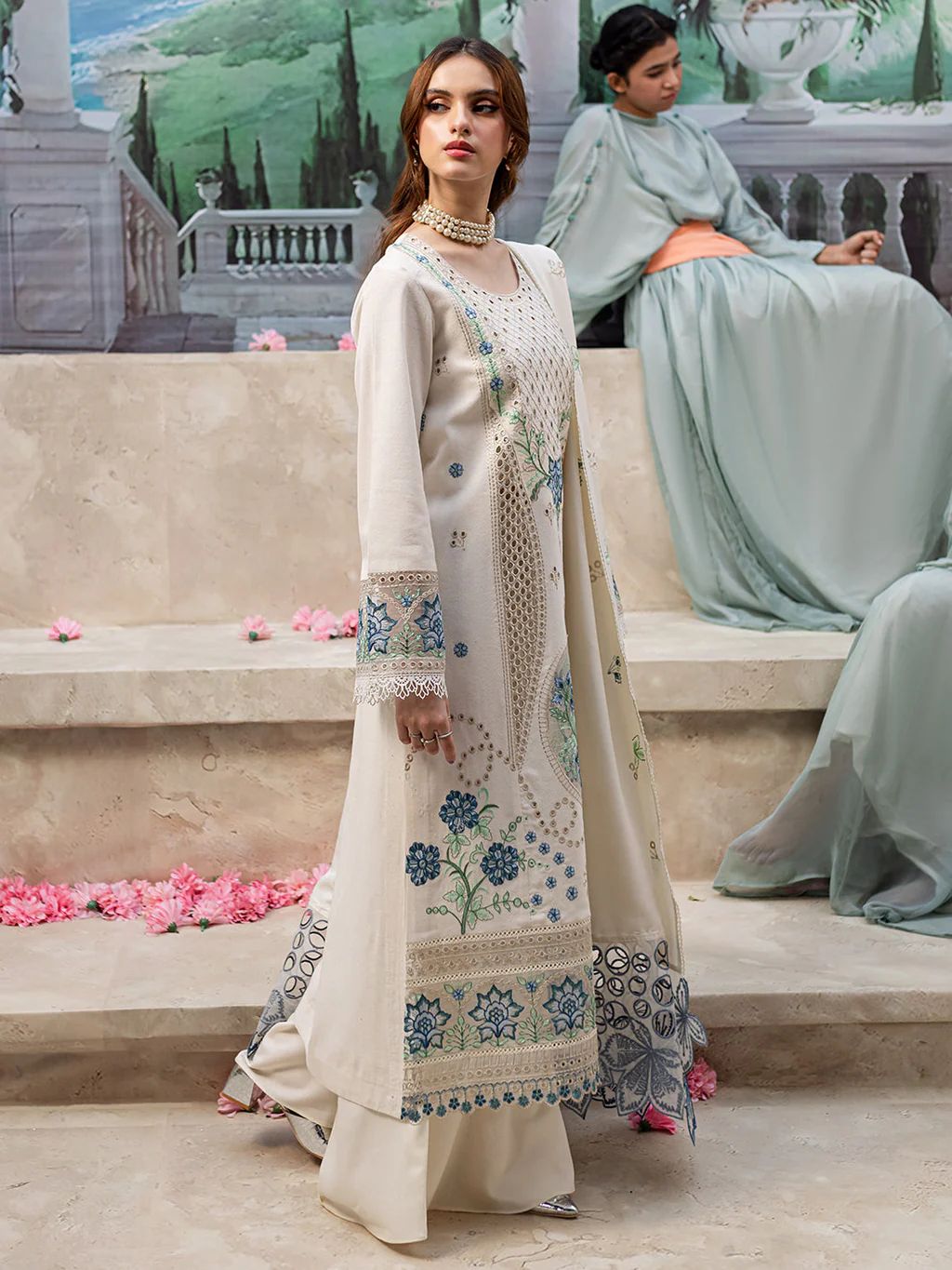 MAHNUR-3PC LAWN LASERCUT EMB SHIRT WITH LAWN LASERCUT EMB DUPATTA & TROUSER | KF-4525