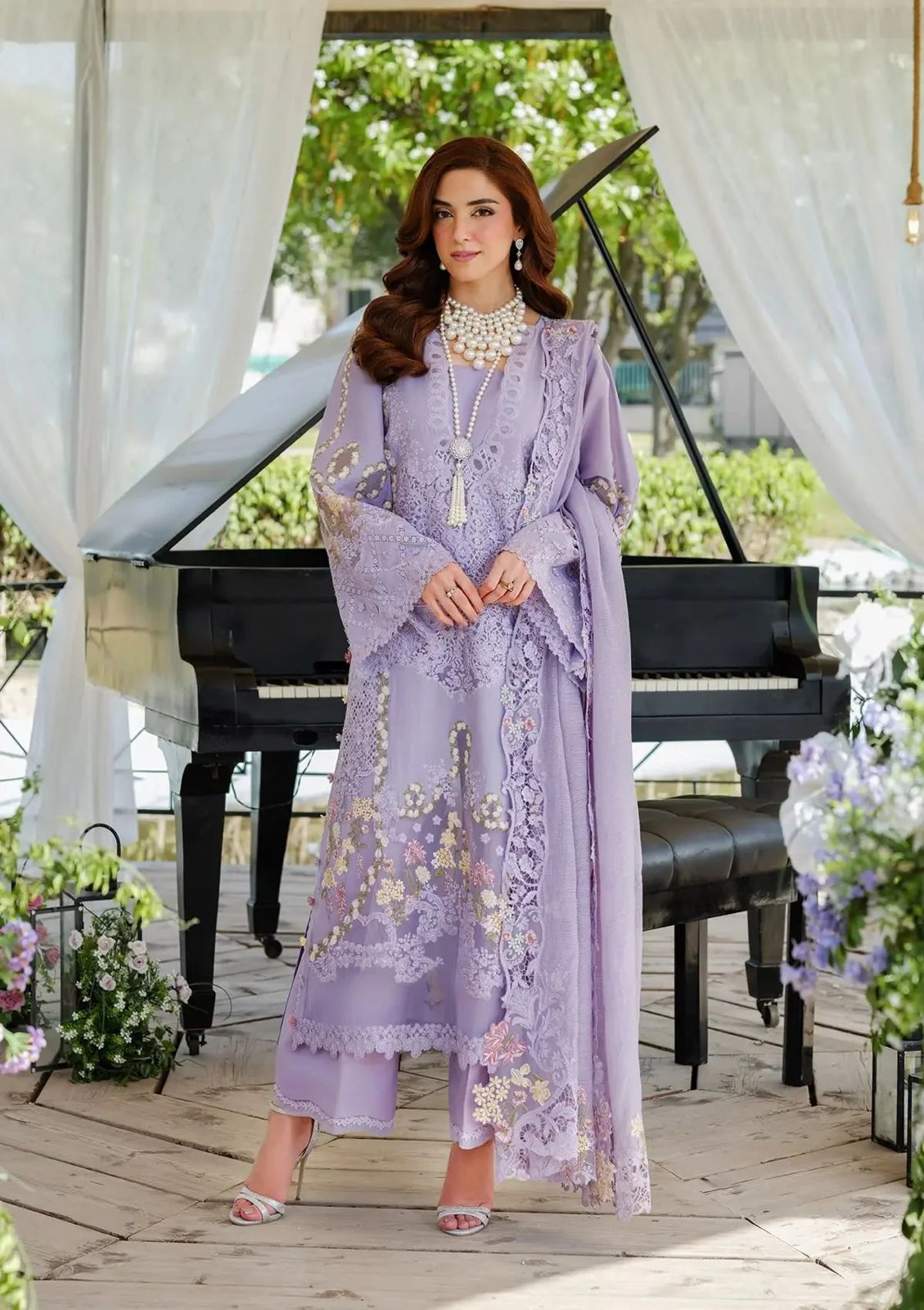 ELAF-3PC LAWN LASERCUTWORK EMBROIDERED SHIRT WITH KHAADI NET EMBROIDERED DUPATTA AND TROUSER | KF-4780
