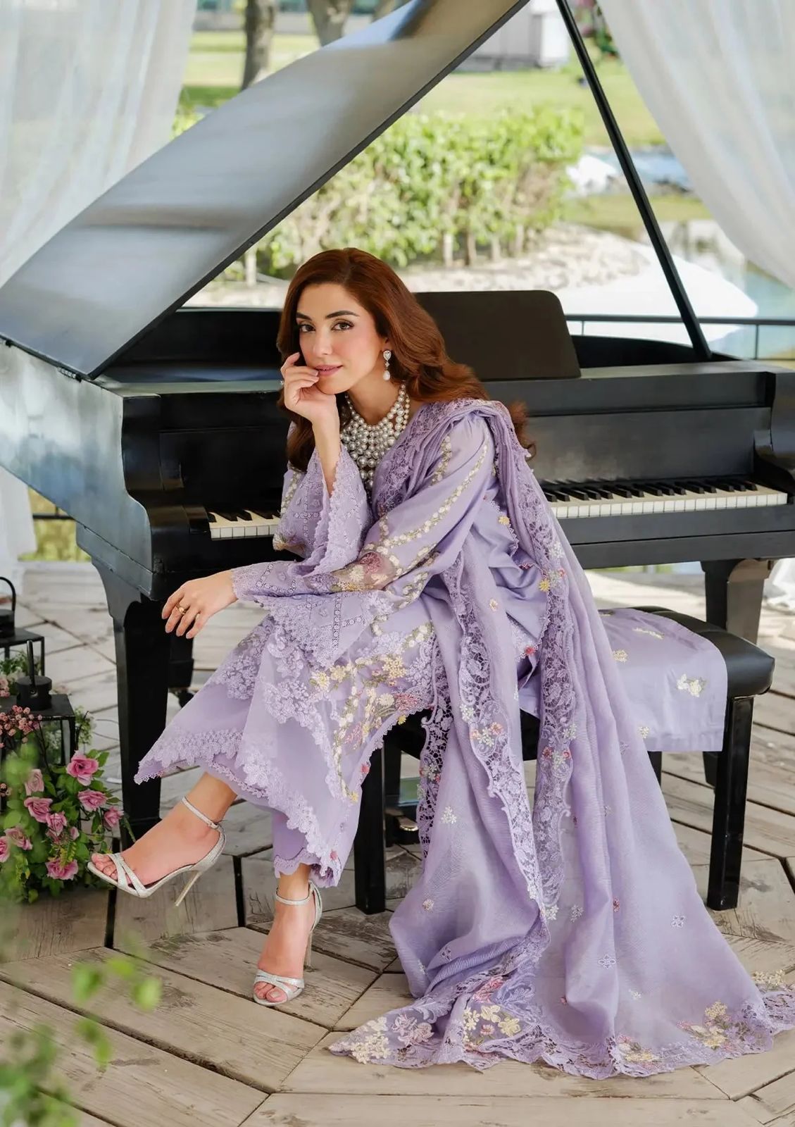 ELAF-3PC LAWN LASERCUTWORK EMBROIDERED SHIRT WITH KHAADI NET EMBROIDERED DUPATTA AND TROUSER | KF-4780
