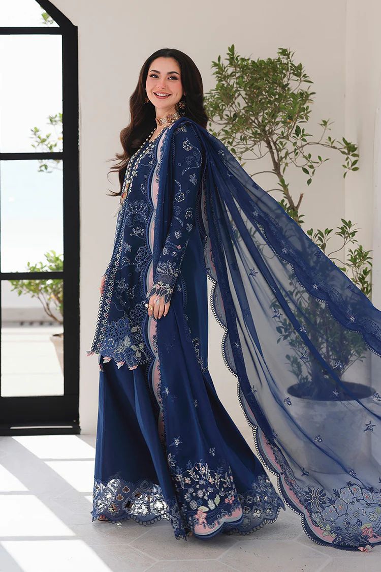 QALAMQAR-3PC LAWN CHIKAN EMBROIDERED SHIRT WITH KHAADI NET EMBROIDERED DUPATTA AND EMB TROUSER - KF 4758