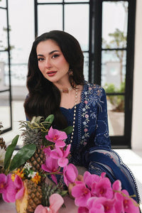 QALAMQAR-3PC LAWN CHIKAN EMBROIDERED SHIRT WITH KHAADI NET EMBROIDERED DUPATTA AND EMB TROUSER - KF 4758