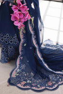 QALAMQAR-3PC LAWN CHIKAN EMBROIDERED SHIRT WITH KHAADI NET EMBROIDERED DUPATTA AND EMB TROUSER - KF 4758