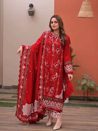ANEELAS-3PC LAWN CHIKAN EMBROIDERED SHIRT WITH LAWN EMB DUPATTA AND TROUSER | KF-4813