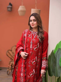 ANEELAS-3PC LAWN CHIKAN EMBROIDERED SHIRT WITH LAWN EMB DUPATTA AND TROUSER | KF-4813