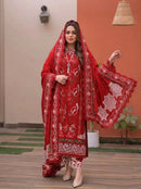 ANEELAS-3PC LAWN CHIKAN EMBROIDERED SHIRT WITH LAWN EMB DUPATTA AND TROUSER | KF-4813