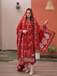 ANEELAS-3PC LAWN CHIKAN EMBROIDERED SHIRT WITH LAWN EMB DUPATTA AND TROUSER | KF-4813