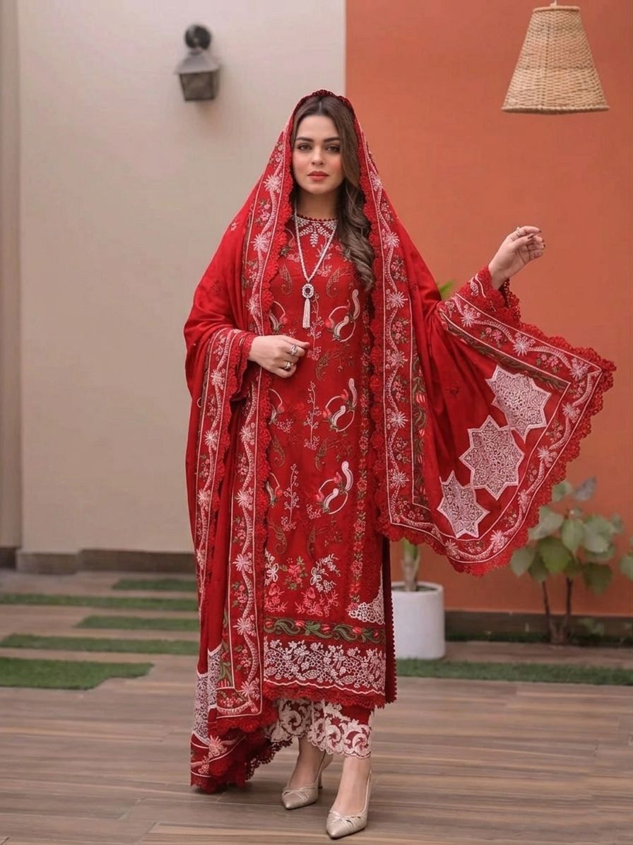 ANEELAS-3PC LAWN CHIKAN EMBROIDERED SHIRT WITH LAWN EMB DUPATTA AND TROUSER | KF-4813