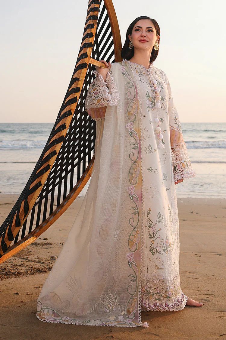 QALAMQAR-3PC LAWN CHIKANKAARI EMBROIDERED SHIRT WITH KHAADI NET EMBROIDERED DUPATTA AND TROUSER | KF-4792