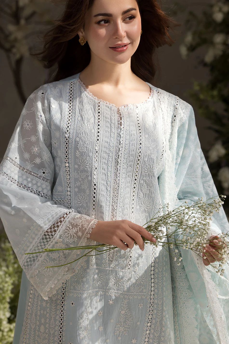 SOBIA NAZIR-3PC LAWN LASERCUTWORK EMBROIDERED SHIRT WITH CHIFFON PRINT EMBROIDERED DUPATTA AND TROUSER | KF-4774
